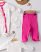 3 Ay Kelebek Nakışlı Tulumlu Kız Bebek 5'li Set Fuşya