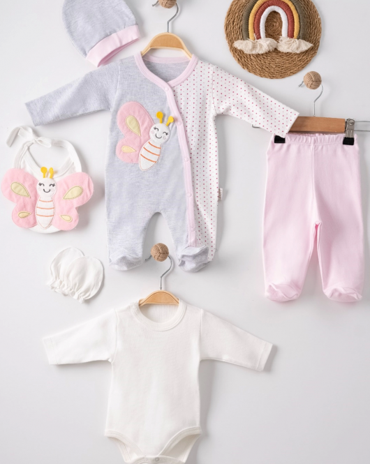 3 Ay Kelebek Nakışlı Tulumlu Kız Bebek 5'li Set Gri