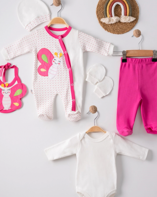 3 Ay Kelebek Nakışlı Tulumlu Kız Bebek 5'li Set Fuşya