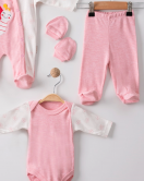 3 Ay Kelebek Nakış Tulumlu Kız Bebek 5'li Set Pembe