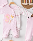 3 Ay Kelebek Nakış Tulum Set Kız Bebek 5'li Set Pembe