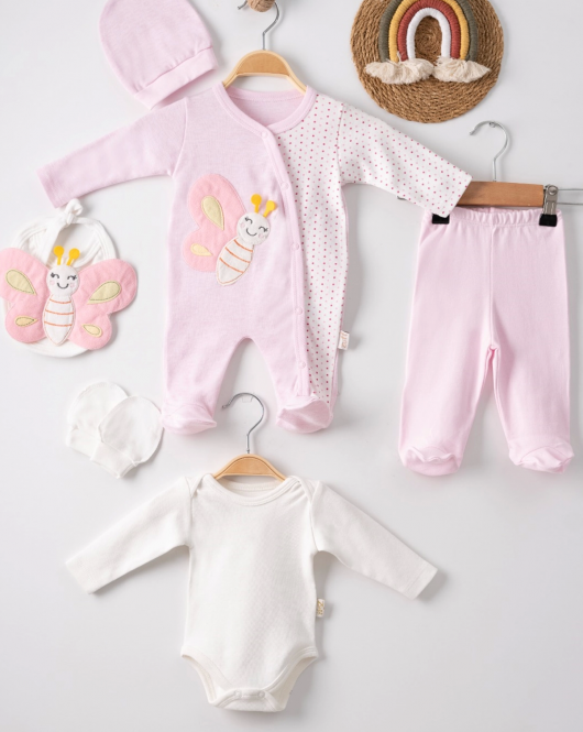 3 Ay Kelebek Nakış Tulum Set Kız Bebek 5'li Set Pembe