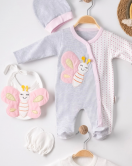 3 Ay Kelebek Nakışlı Tulumlu Kız Bebek 5'li Set Gri