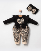 3-9 Ay Kız Bebek Tulum Leopar Fiyonklu Siyah