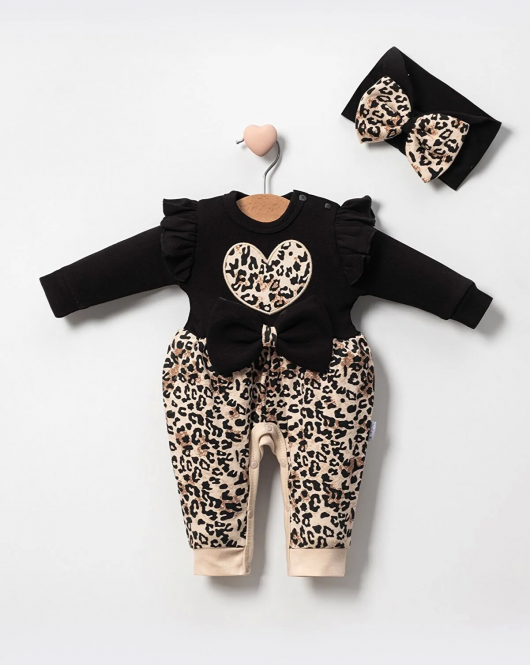 3-9 Ay Kız Bebek Tulum Leopar Fiyonklu Siyah