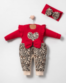 3-9 Ay Kız Bebek Tulum Leopar Desen Fırfır ve Fiyonklu Kırmızı