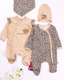 3-6 Ay Leopar Kız Bebek 4'lü Tulum Seti Kahverengi