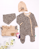 3-6 Ay Leopar Kız Bebek 4'lü Tulum Seti Kahverengi