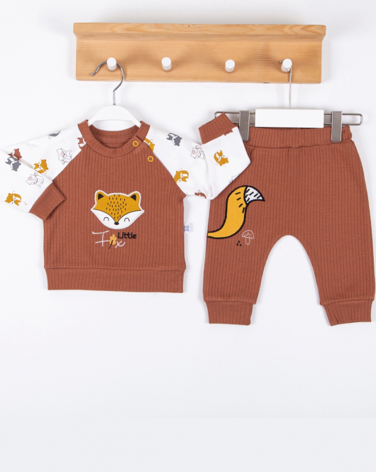 3-12 Ay Erkek Bebek Takımı Littie Fox Nakışlı 2'li Kahverengi