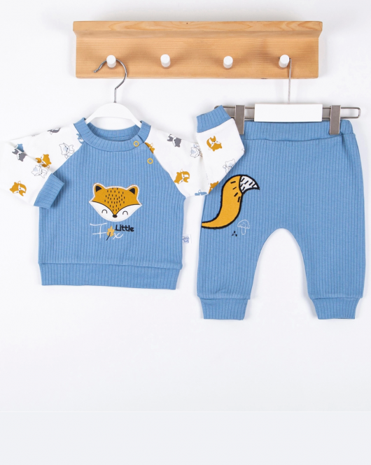 3-12 Ay Erkek Bebek Takımı Littie Fox Nakışlı 2'li Mavi
