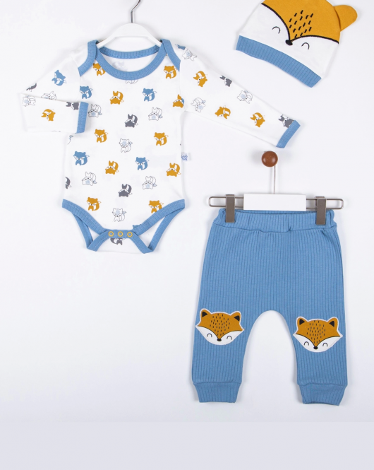 3-12 Ay Erkek Bebek Alt&Üst Takımı Little Fox 3'lü Mavi
