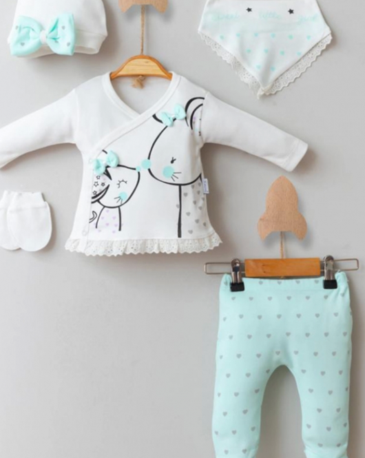 3 Ay Kız Bebek Little Mause 5'li Hastane Çıkış Seti Yeşil