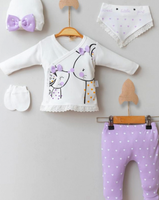 3 Ay Kız Bebek Little Mause 5'li Hastane Çıkış Seti Lila