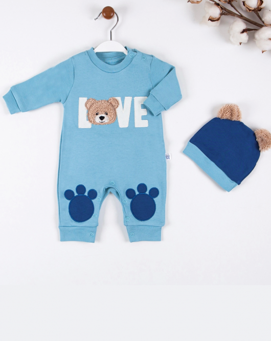 3-9 Ay Erkek Bebek Tulumu Love Bear Nakışlı Mavi