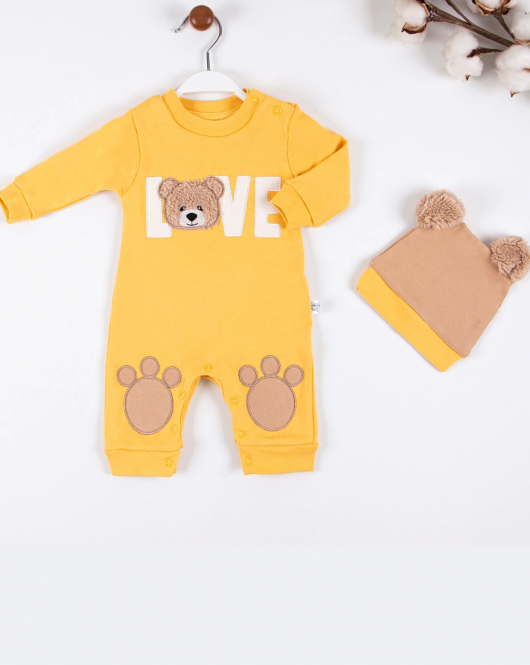 3-9 Ay Erkek Bebek Tulumu Love Bear Nakışlı Sarı