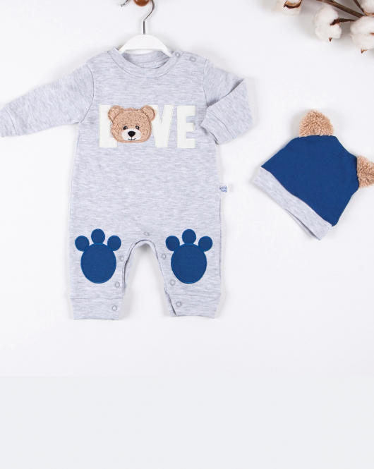3-9 Ay Erkek Bebek Tulumu Love Bear Nakışlı Gri