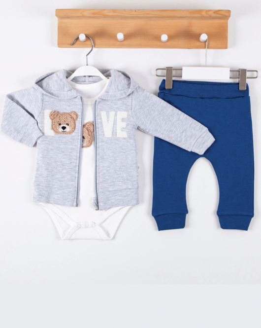 3-12 Ay Erkek Bebek Takımı Love Bear Nakışlı Hırkalı 3'lü Gri