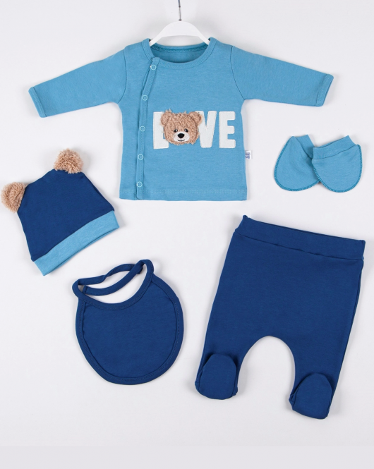 3 Ay Bebek Hastane Çıkışı Love Bear Nakışlı 5'li Erkek Mavi