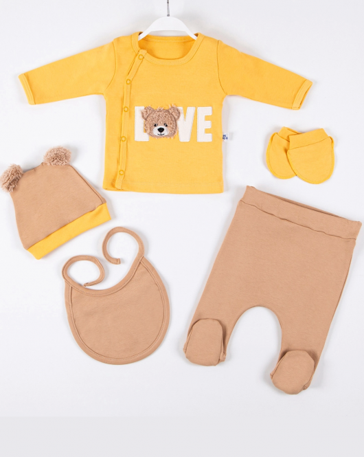 3 Ay Bebek Hastane Çıkışı Love Bear Nakışlı 5'li Erkek Sarı
