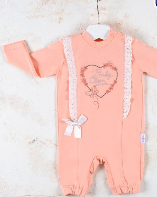 3-12 Ay Kız Bebek Tulumu Love Kalp Nakışlı Somon