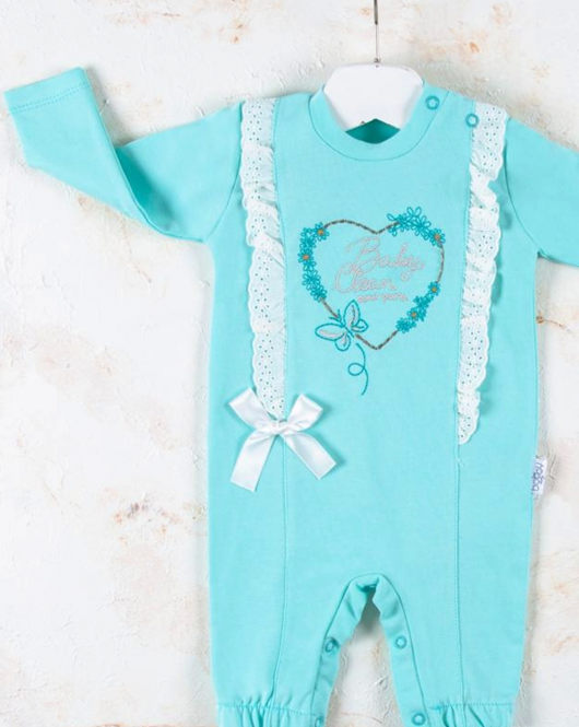3-12 Ay Kız Bebek Tulumu Love Kalp Nakışlı Yeşil