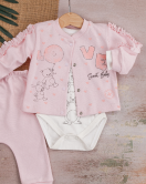 3-9 Ay Kız Bebek Takımı Love Tavşan 3'lü Hırkalı Açık Pembe