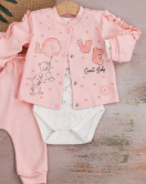 3-9 Ay Hırkalı Kız Bebek Takımı Love Tavşan Fırfır 3'lü Pembe