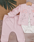 3-9 Ay Kız Bebek Takımı Love Tavşan 3'lü Hırkalı Açık Pembe