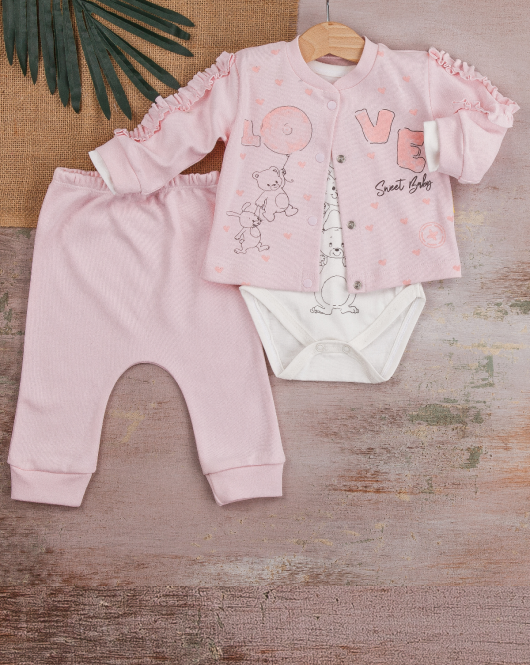 3-9 Ay Kız Bebek Takımı Love Tavşan 3'lü Hırkalı Açık Pembe