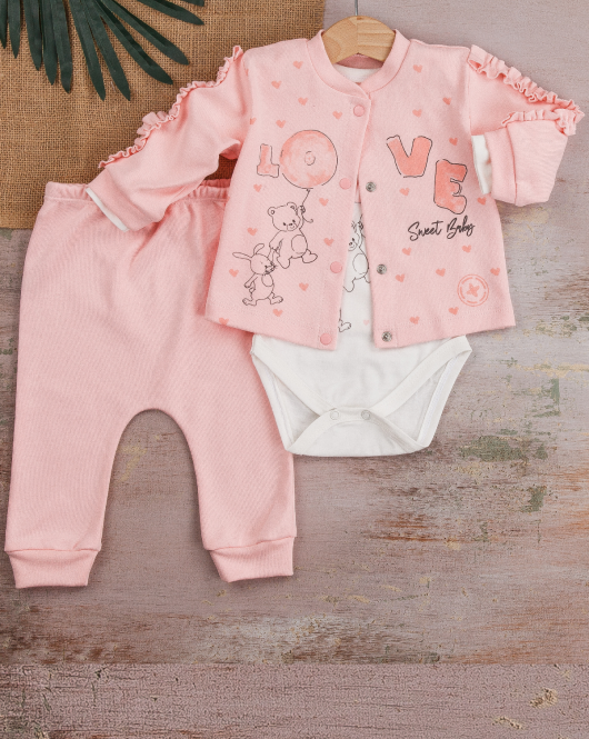 3-9 Ay Hırkalı Kız Bebek Takımı Love Tavşan Fırfır 3'lü Pembe