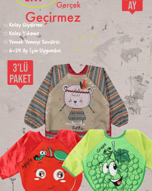 Meyve Model Sıvı Geçirmez 3'lü Paket Uzun Kollu Mama Önlüğü