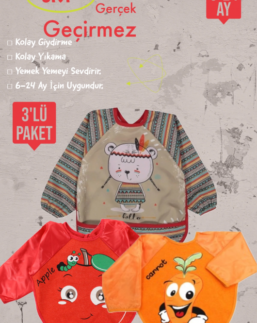 Meyve Figürlü Su Geçirmez 3'lü Paket Uzun Kollu Mama Önlüğü