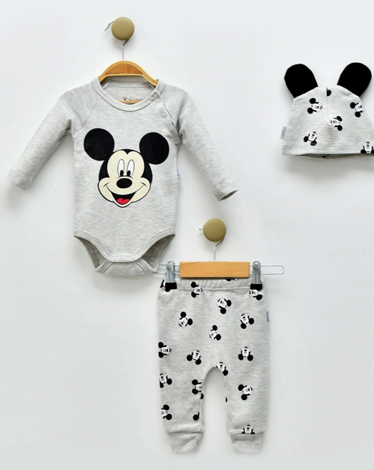 3-18 Ay Erkek Bebek Takımı Mickey Şapkalı 3'lü Gri
