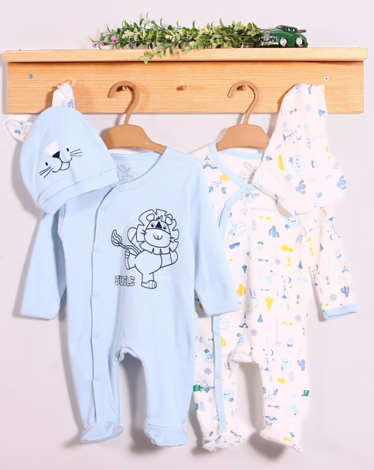 3-6 Ay Mini Jungle Aslan Erkek Bebek 4'lü Tulum Seti Mavi