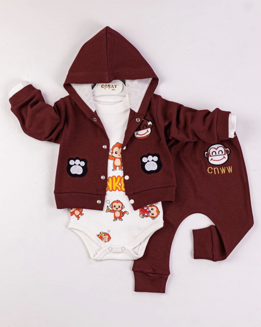 Yeni Doğan 3-6 Ay Erkek Bebek Takımı Monkey Kapişonlu Bordo