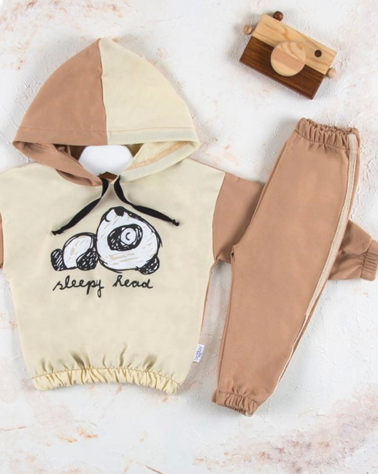 6-24 Ay Erkek Bebek Takımı Panda Kapişonlu Krem