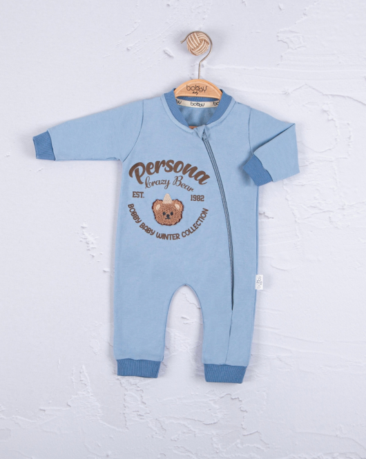 3-12 Ay Erkek Bebek Tulum Persona Bear Nakışlı Mavi