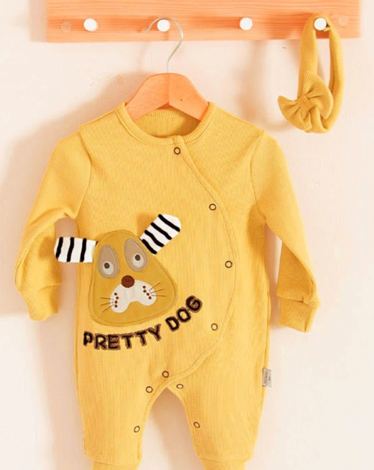 3-18 Ay Kız Bebek Tulumu Pretty Dog Nakış Bandanalı Sarı