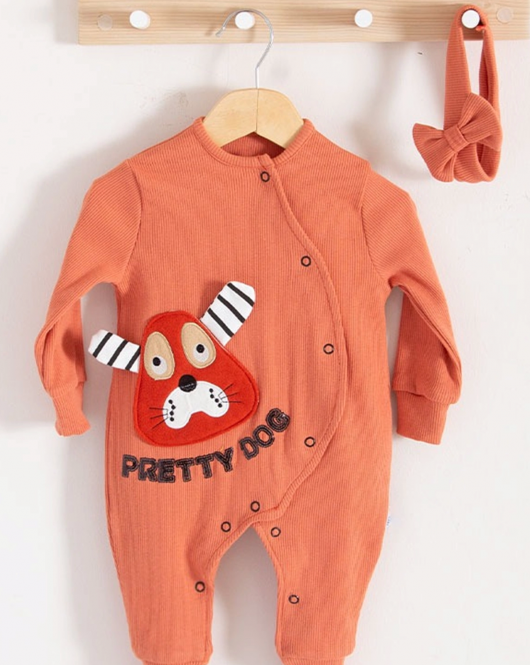 3-18 Ay Pretty Dog Kız Bebek Tulumu Bandanalı Kiremit