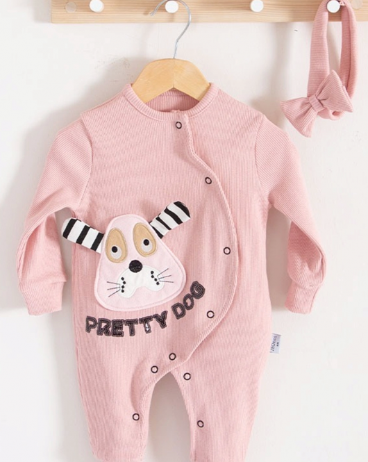 3-18 Ay Kız Bebek Tulumu Pretty Dog Bandanalı Gül Kurusu