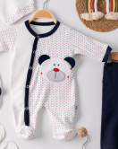 3 Ay Puanlı Ayıcık Nakışlı Tulumlu Erkek Bebek 5'li Set Lacivert
