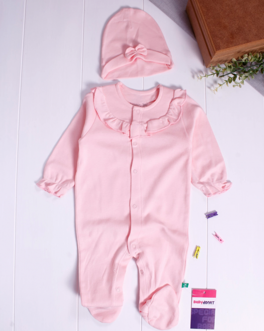 3-9 Ay Kız Bebek Tulum Robası Astarlı Fiyonk Şapkalı Açık Pembe