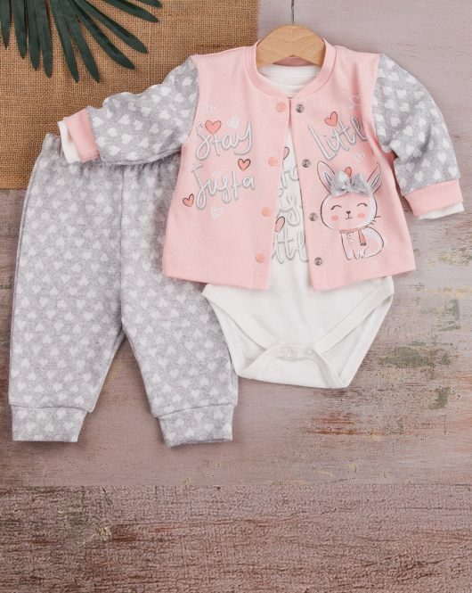 3-9 Ay Kız Bebek Takımı Stay Little Puan 3'lü Hırkalı Pembe
