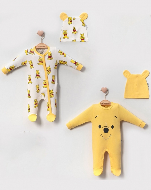 3-6 Ay Ayıcık Pooh Şapkalı 2 Adet Unisex Bebek Tulum Sarı