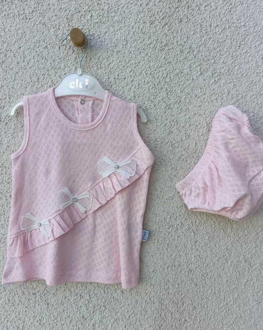 3-9 Ay Bebek Brode Fiyonklu Külotlu Yazlık Takımı PEMBE