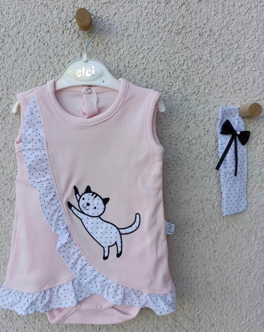 3-9 Ay Kız Bebek Badi Kedili Fırfırlı Bandanalı Pembe