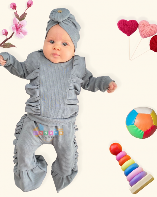 3-12 Ay Kız Bebek Takımı Omuz Fırfır Detay Boneli 3'lü Gri