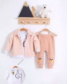 3-18 Ay Kız Bebek Takımı Peluş Hırkalı 3 Lü Açık Pembe