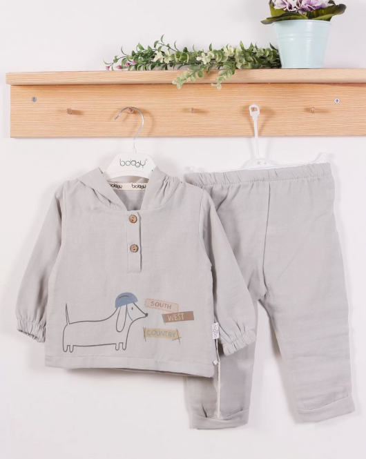 3-18 Ay Erkek Bebek Takımı Müslin Kumaş long Dog Gri