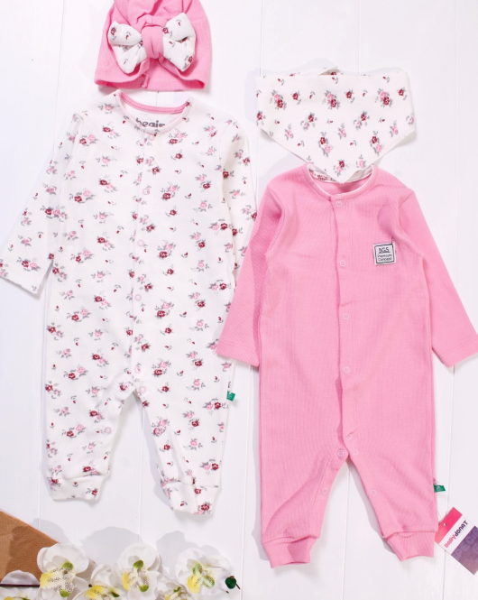 3-9 Ay Çiçek Nakışlı Kız Bebek 4'lü Tulum Seti Pembe